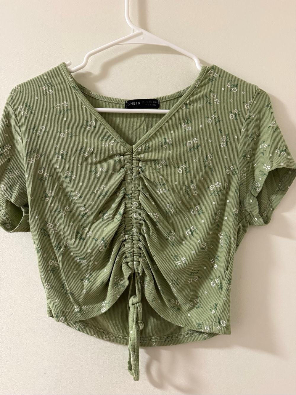 SHEIN Olive Green Floral Ruched V-Neck Crop Top